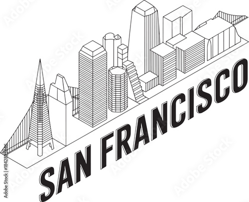 San francisco california isometric outline vector city skyline illustration landmark building panorama travel banner