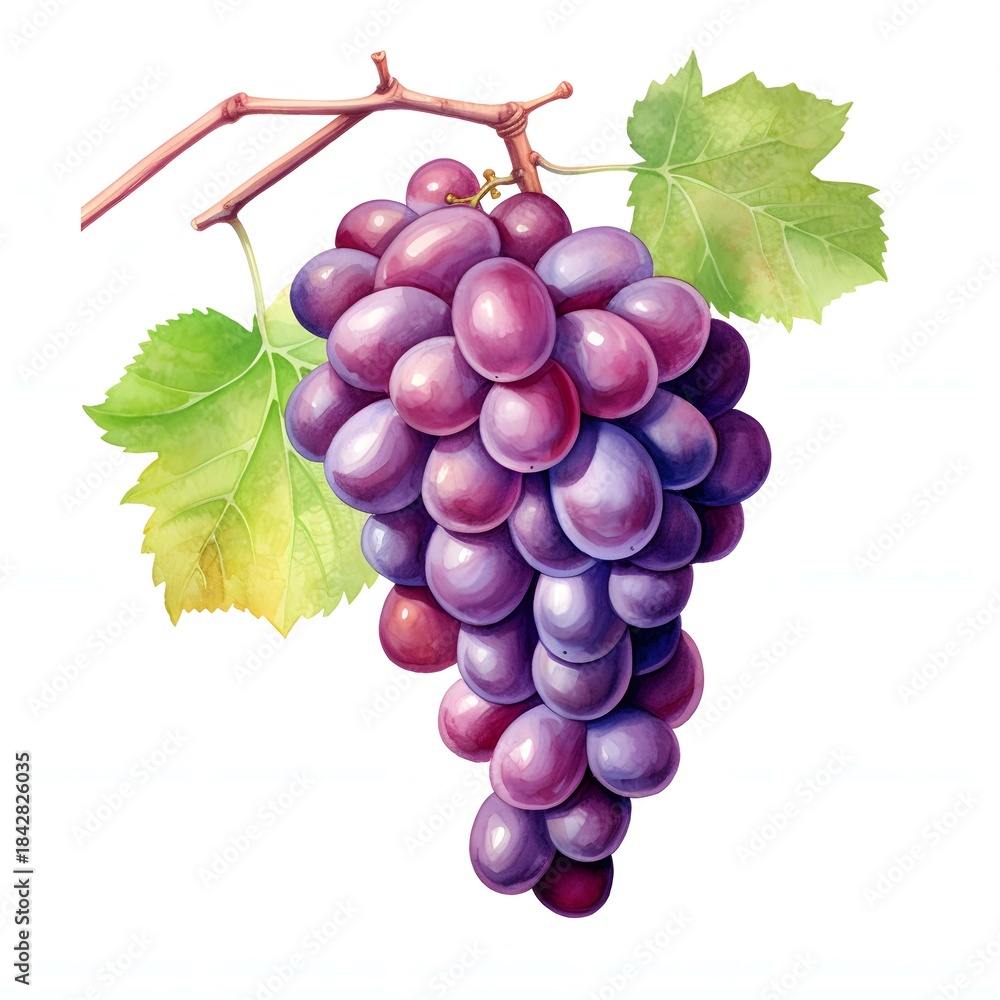 Fototapeta premium Watercolor illustration of ripe grapes hanging from a vine with leaves