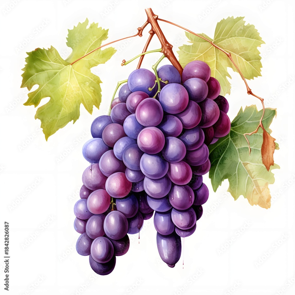 Fototapeta premium Watercolor painting of ripe grapes hanging from the vine with green leaves