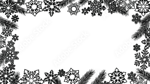 Black and white illustration of a snowflake border on a white background with pine needles