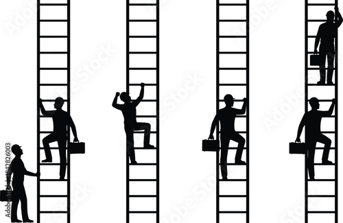 Construction workers climbing ladders, technicians ascending with toolboxes, workplace safety illustration, ladder operation scene, industrial labor activity silhouette design