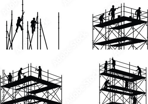 Construction workers assembling scaffolding structure, building site safety platform, teamwork installation, industrial construction scene, elevated work platform illustration