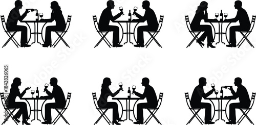 Couples enjoying wine together at café table, romantic dinner moments, social conversation, intimate date scene, relaxed dining atmosphere in silhouette style
