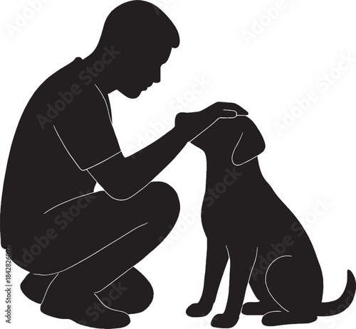 Man Squatting Petting Cat Silhouette Vector Illustration