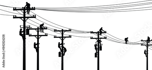 Electrical linemen, utility pole workers, silhouette illustration, powerline maintenance, bucket truck, climbing gear, teamwork, infrastructure, energy job, black and white