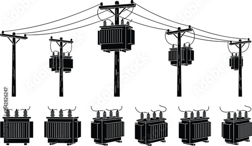 Electrical distribution poles with mounted transformers, power grid infrastructure, high-voltage utility system illustration, energy transmission network components, engineering equipment design 