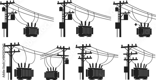 Electrical power poles with transformers and utility lines, energy distribution infrastructure, high voltage equipment, industrial grid system silhouette illustration for engineering use