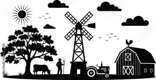 Farm scene silhouette, rural life, black and white, barn, tractor, windmill, cow, farmer, tree, birds, sun, clouds
