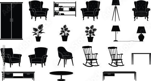 Furniture silhouette set, home decor icons, black and white, armchairs, lamps, bookshelf, potted plants, interior design, modern style, grid layout