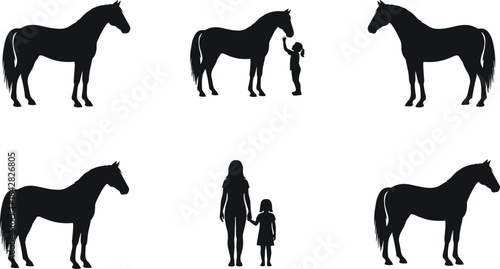 Girl interacting with horse, child and animal silhouette scene, family nature moment, horses standing peacefully, gentle connection illustration for countryside themes
