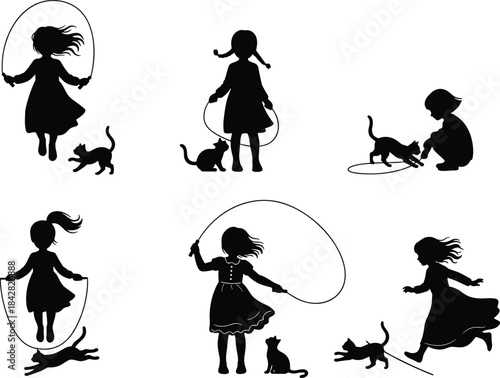 Girl skipping rope with playful cat, childhood silhouette set showing fun outdoor activity, jump rope movement, kid and pet interaction illustration
