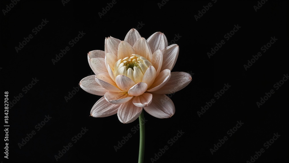 Obraz premium Single flower bloom on a stalk against a black background. Nature and botany, botanical beauty, floral concept. The beauty and delicacy of flowers.