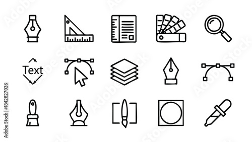 Graphic design elements arranged on a clean white background for creative projects with tools