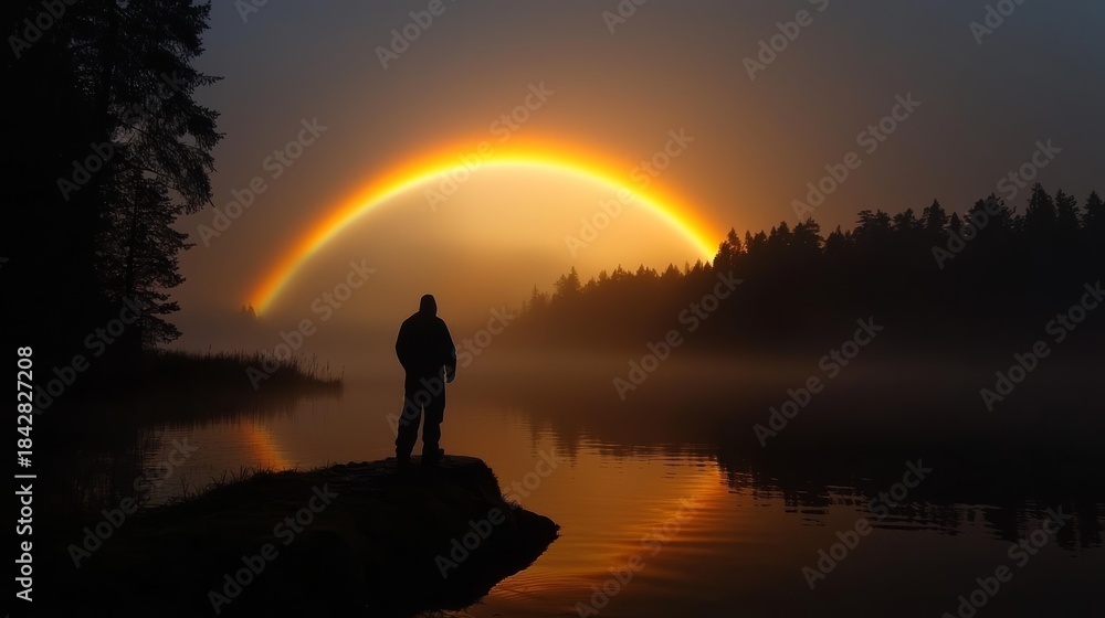 Obraz premium Stunning sunset over a tranquil lake nature photography misty environment serene viewpoint captivating rainbow reflection