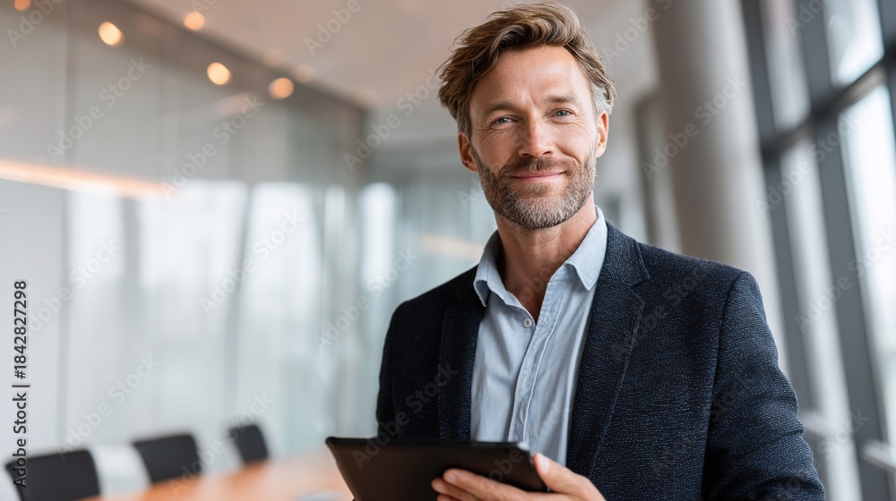 Fototapeta premium Poised Professional: A confident man in a formal setting, holding a tablet, exuding an air of expertise and leadership, against a modern backdrop of an office.