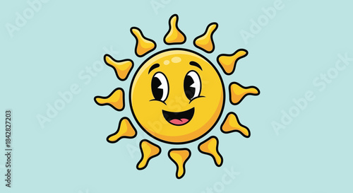 Cartoon sun with smiling face and yellow rays on light blue background, vector illustration