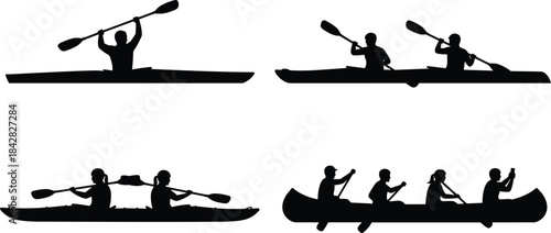 Kayaking and canoeing silhouettes, people paddling boats on water, outdoor adventure sport, teamwork rowing activity, recreational paddling illustration elements