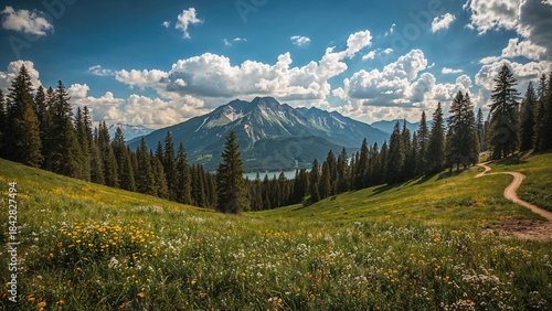 Fototapeta Naklejka Na Ścianę i Meble -  Lush meadow with wildflowers, forested hills, and mountain peaks under a partly cloudy sky. Nature landscape, scenic view of a mountain region.