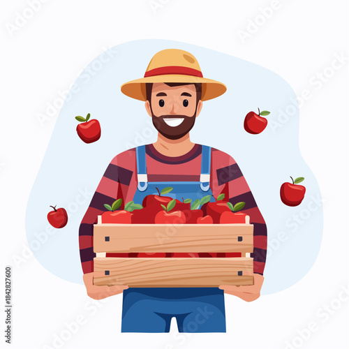Smiling farmer with crate full of apples: A cheerful farmer holds a wooden crate overflowing with ripe red apples, while several others float around him.