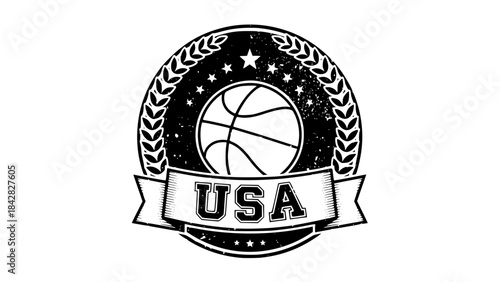 Basketball themed vector badge, USA style typography, vintage sports emblem, distressed texture for retro effect