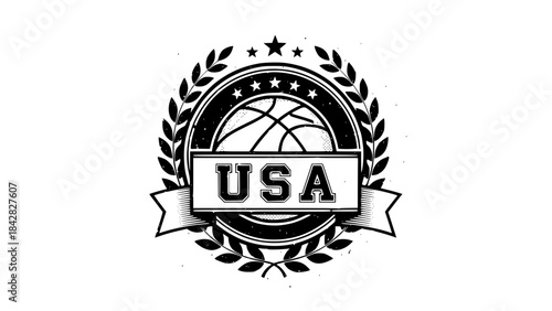 Basketball themed vector badge, USA style typography, vintage sports emblem, distressed texture for retro effect