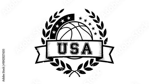 Basketball themed vector badge, USA style typography, vintage sports emblem, distressed texture for retro effect