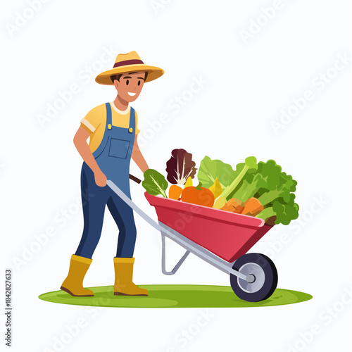 Farmer's Harvest: A cheerful farmer tends to his flourishing crops, pushing a wheelbarrow overflowing with fresh, vibrant vegetables, celebrating a bountiful harvest. 