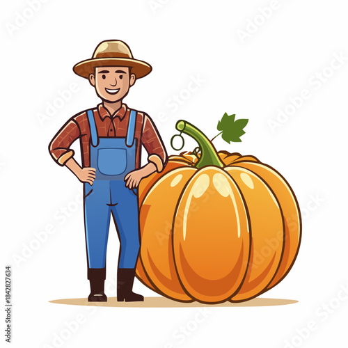 Farmer with Pumpkin: A cheerful farmer proudly stands next to a giant, vibrant pumpkin, symbolizing the abundance of the harvest season and the rewards of hard work.