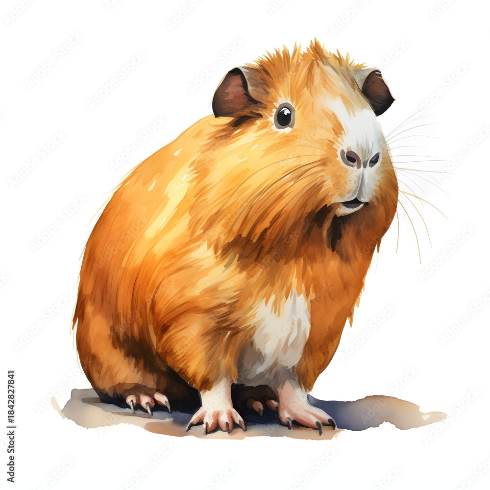 Fototapeta premium Adorable guinea pig sitting against a white background in watercolor style