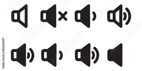 Sound volume icon set vector illustration. Audio speaker symbol collection for web design. UI UX interface button kit. Mute, unmute, loud and quiet signs. Flat simple graphic.