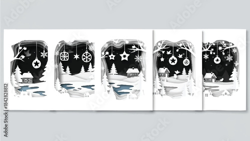 Winter scene illustrations show snow-covered houses and trees with hanging ornaments.