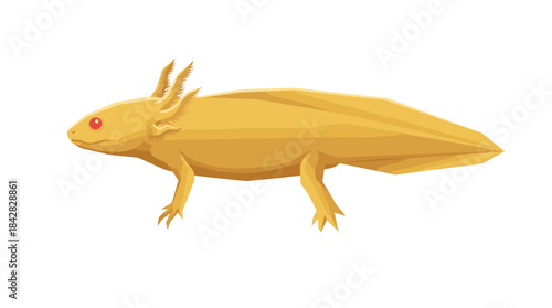 A cartoon-style illustration of a yellow axolotl with red eyes on a white background.