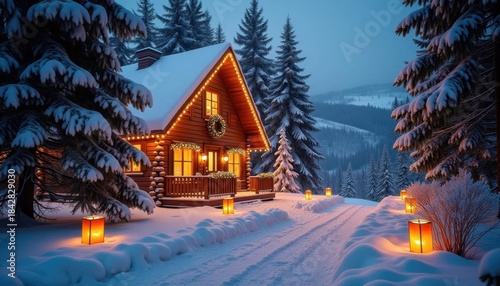Cozy Cabin in the Snowy Forest During Early Evening With Warm Lights and Decorations