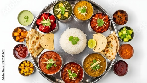 Wallpaper Mural Colorful Indian veg thali platter with rice curry naan pickles chutney and assorted side dishes on stainless steel plate top view Torontodigital.ca
