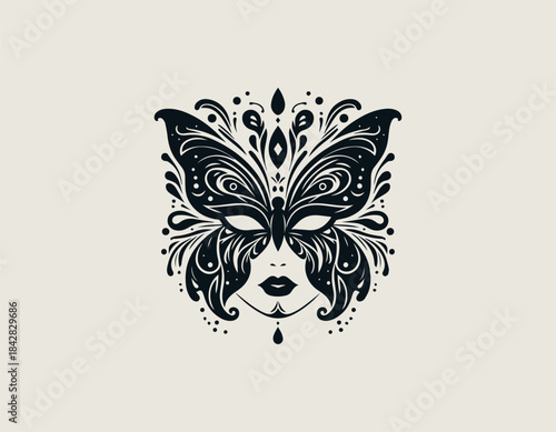 Intricate decorative butterfly wings masquerade mask covering a seductive woman's face vector illustration. Mystery performance concept