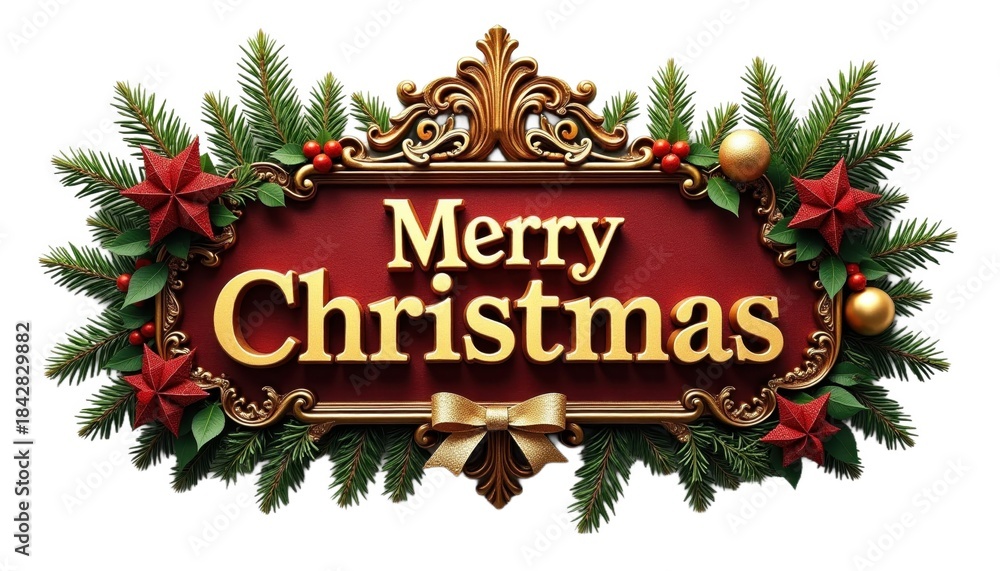 Obraz premium Merry Christmas Sign With Decorations and Greenery Displayed in Festive Colors