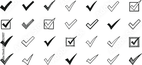 A collection of hand-drawn check marks and ticks isolated on a transparent background.