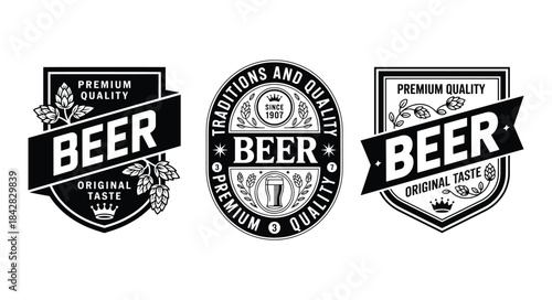 Vintage beer labels, Monochrome beer logo, An oval-shaped beer label, Premium beer labels featuring traditional emblematic designs and premium quality badges, Vector illustration