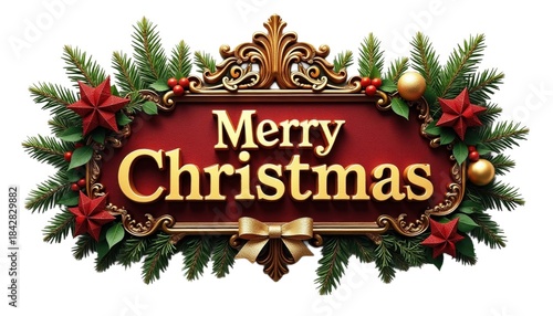 Merry Christmas Sign With Decorations and Greenery Displayed in Festive Colors