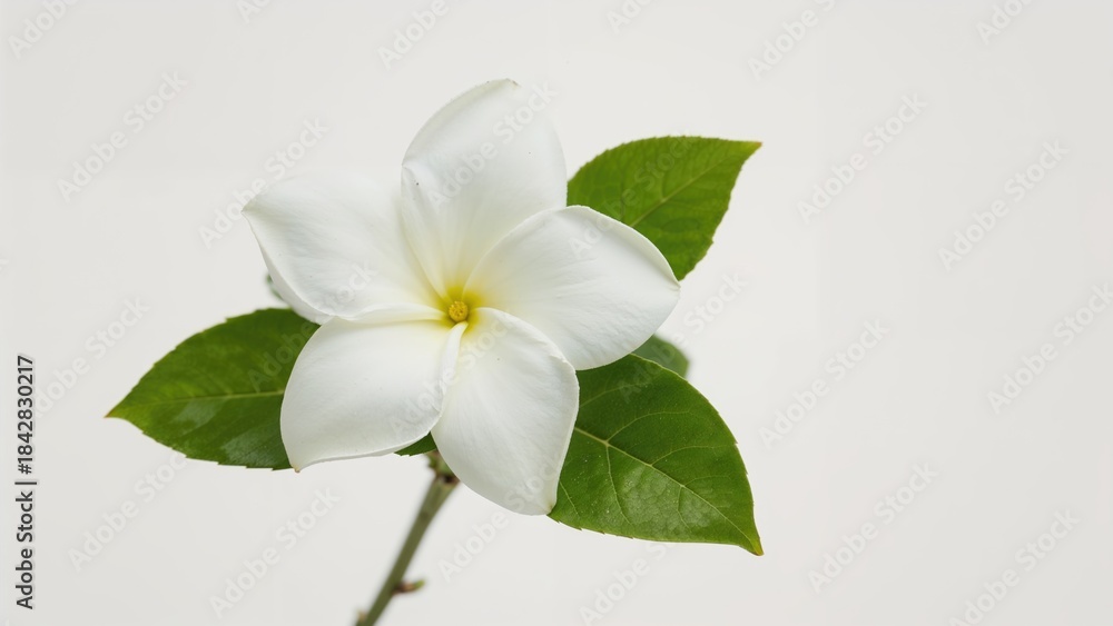 Naklejka premium White flower with green leaves on a stem.