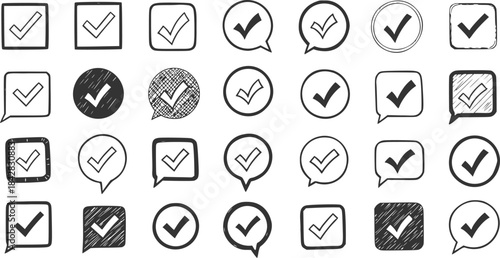 Collection of hand-drawn checkmark icons in various doodle styles, isolated on transparent background.