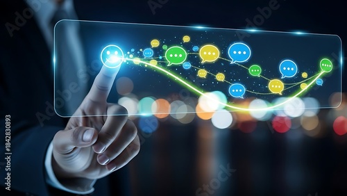 A futuristic hand interacting with a holographic graph display of colorful data points and trend lines in a dark tech savvy environment