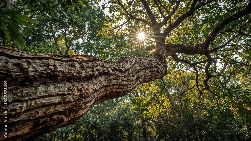 Fototapeta premium A tall tree in a forest with sunlight shining through the branches.