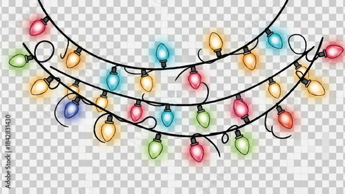 Colorful string lights hanging in a festive arrangement on a transparent background for decoration.