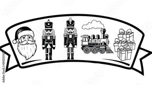 Santa Claus stands beside toy soldiers and a train with gifts on a festive banner