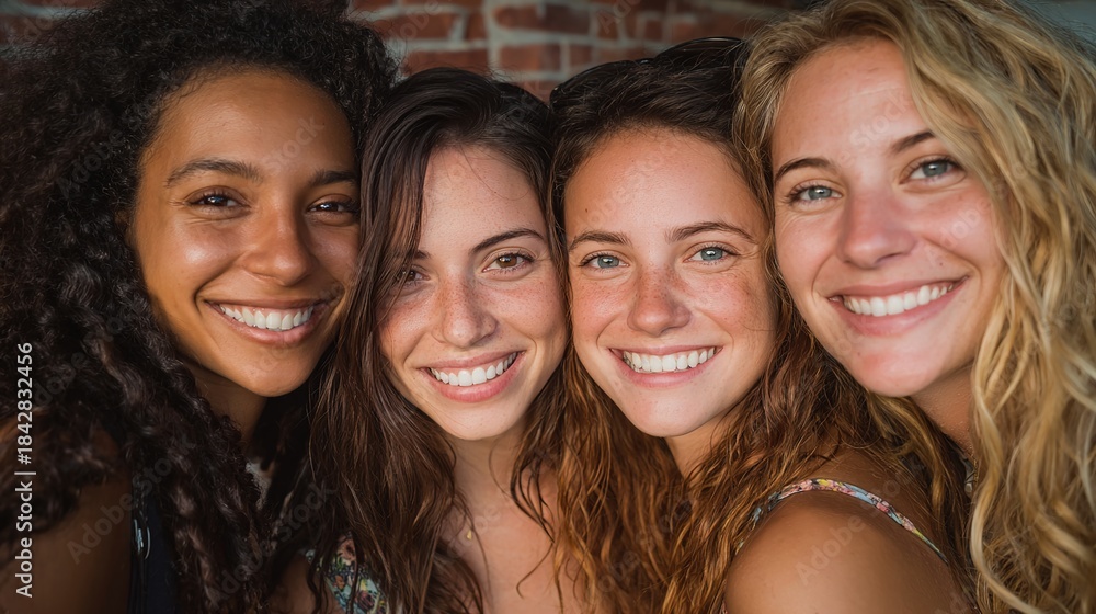 Obraz premium Radiant Faces, United Smiles: Four friends share a moment of genuine joy, their diverse faces illuminated by broad, heartwarming smiles, signifying friendship, happiness, and connection.