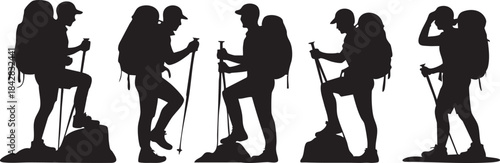 Male hiker set silhouette vector on White Background.	
