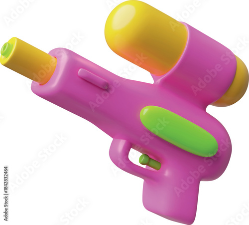 Bright 3D water gun, pink and yellow, children's toy, isolated icon.