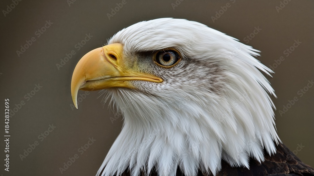 Fototapeta premium Close-up of a bald eagle's head with sharp beak and intense eye, showcasing majestic bird of prey.
