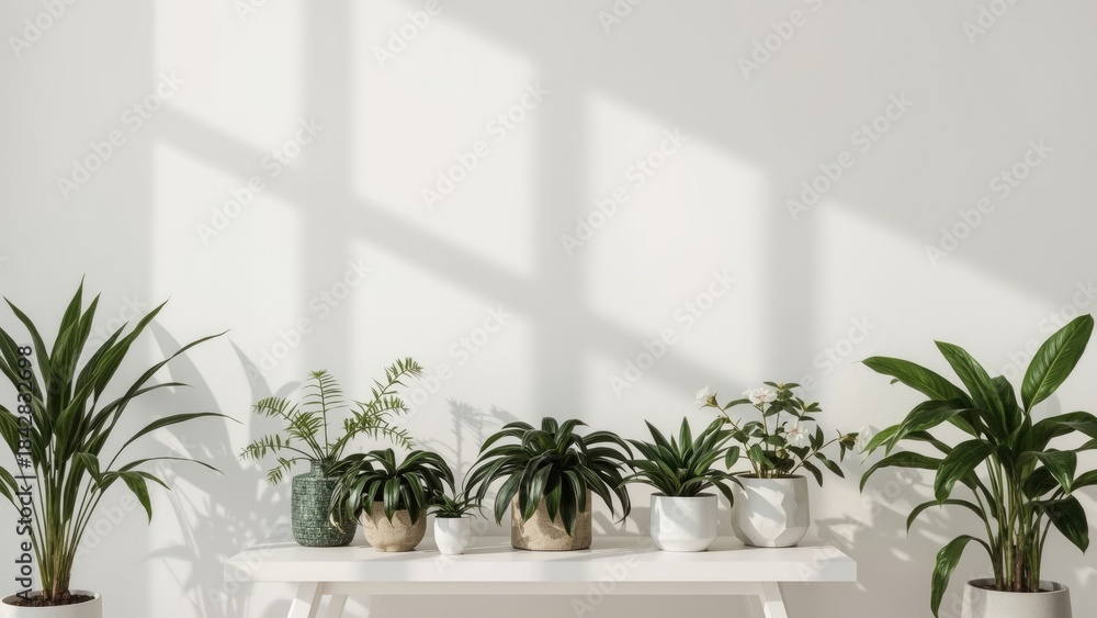Fototapeta premium A row of potted plants on a white shelf with shadows of window panes on the wall behind.
